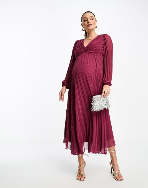 ASOS DESIGN Maternity pleated bodice plunge neck midi dress in oxblood