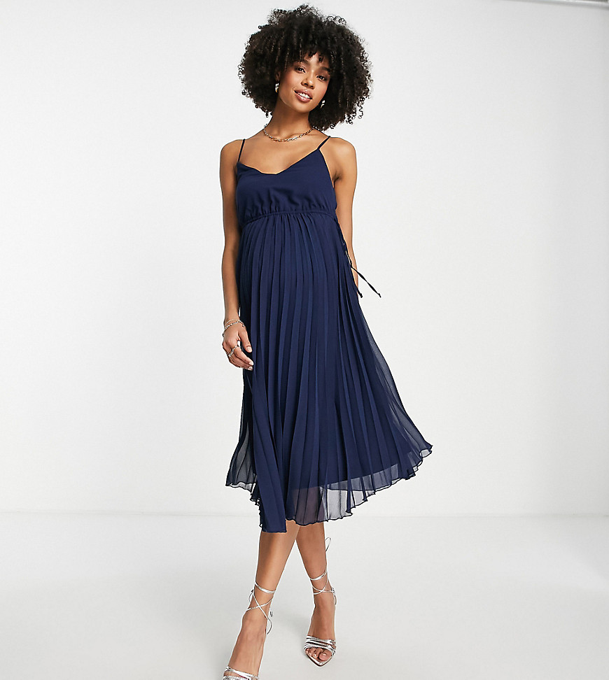 ASOS DESIGN Maternity pleated cami midi dress with drawstring waist in navy