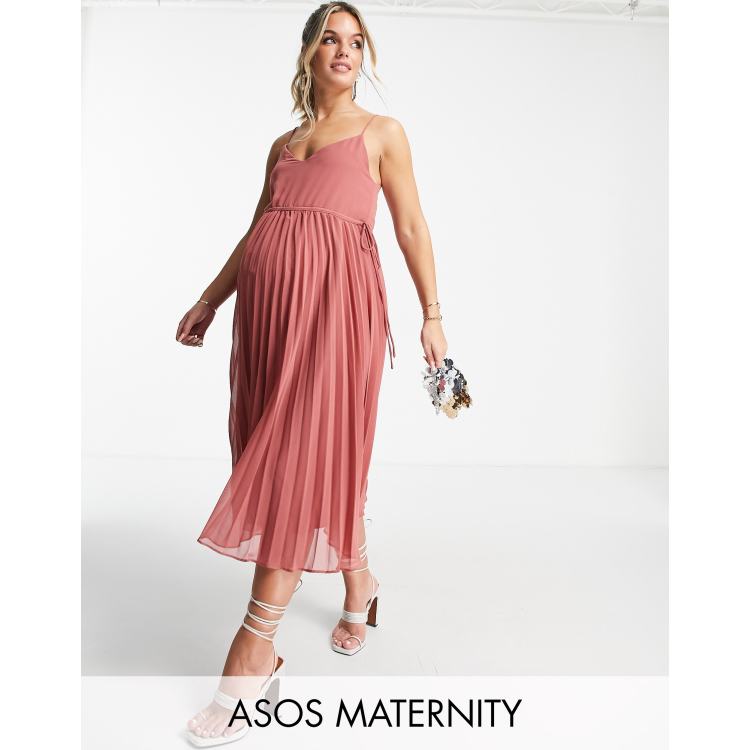 ASOS DESIGN Maternity pleated cami midi dress with drawstring waist in tea  rose