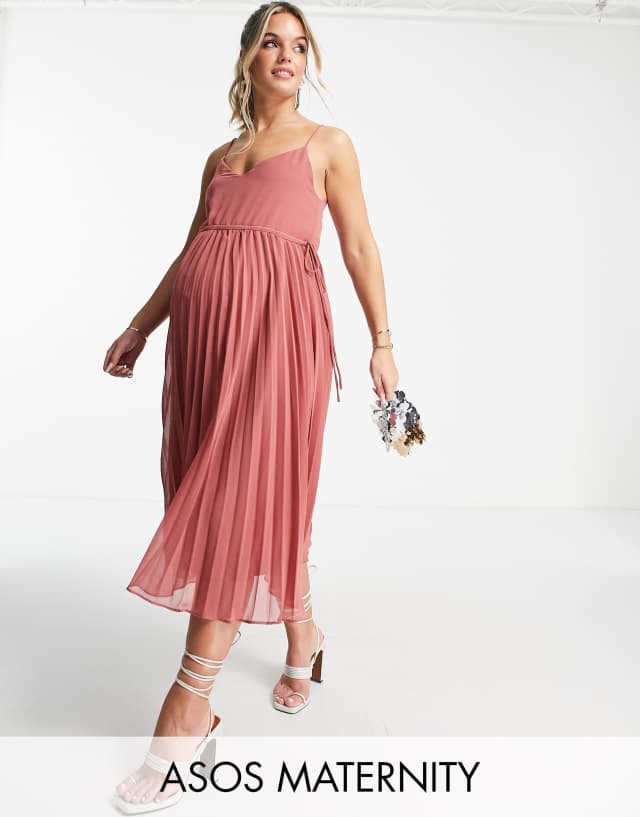 ASOS DESIGN Maternity pleated cami midi dress with drawstring waist in tea rose