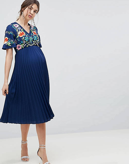 ASOS DESIGN Maternity Pleated Embroidered Midi Dress