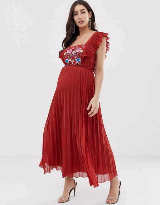 ASOS DESIGN Maternity pleated embroidered square neck skater midi dress