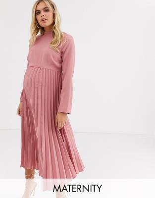 pleated high neck midi dress