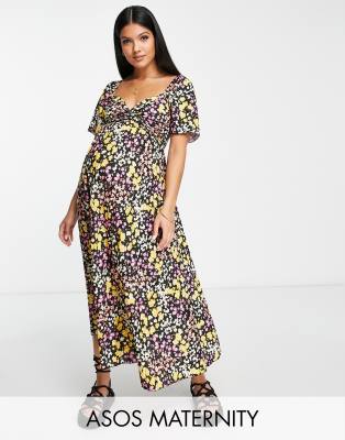 ASOS DESIGN pleated knot detail midi dress in black base floral