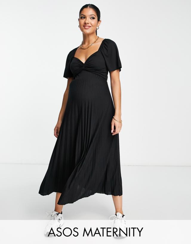 ASOS DESIGN Maternity pleated knot detail midi dress in black