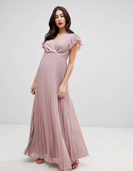 ASOS DESIGN Maternity pleated maxi dress with flutter sleeve | ASOS