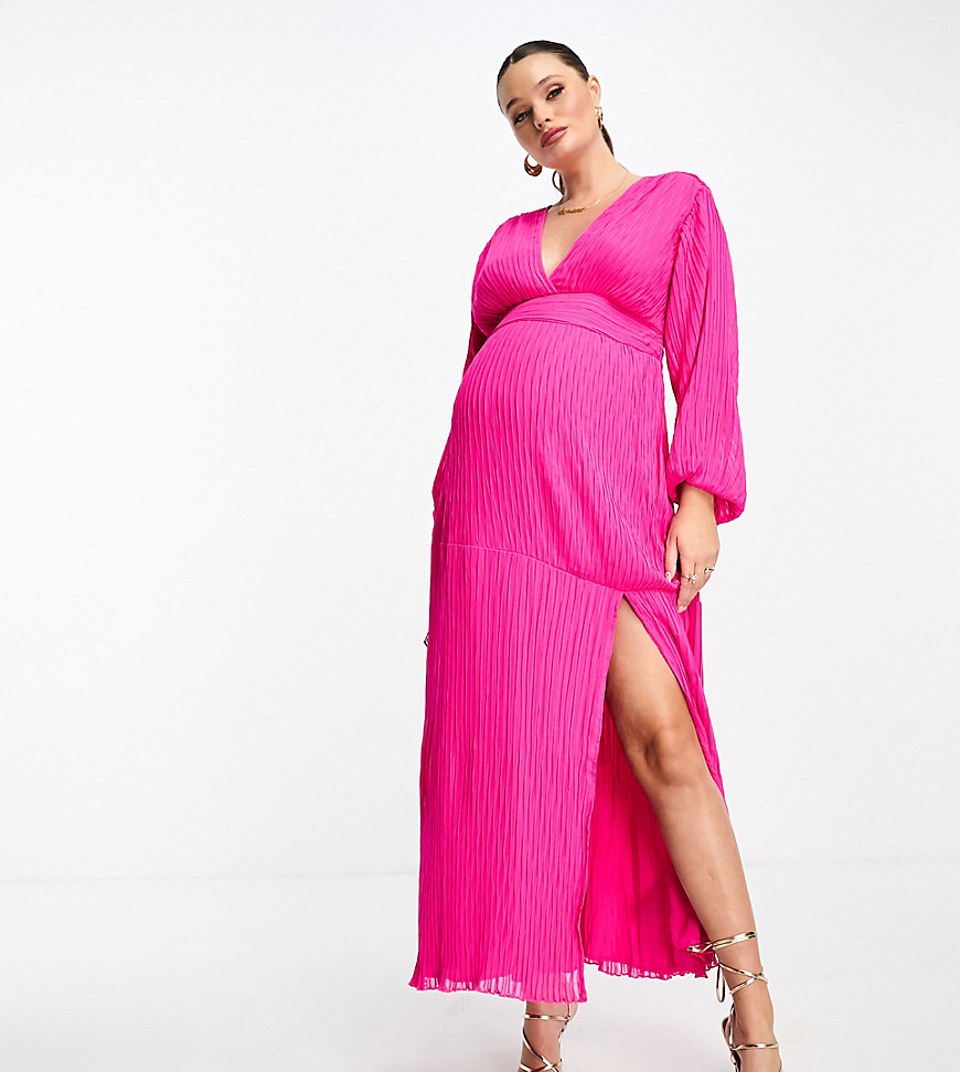 Asos Maternity Asos Design Maternity Pleated Midi Dress With A Belt In Bright Pink