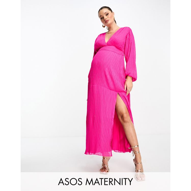 asos pink maternity dress ASOS DESIGN Maternity pleated midi dress with a belt in bright pink