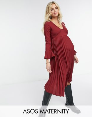 ASOS Maternity ASOS DESIGN Maternity pleated midi dress with lace inserts in oxblood-Red