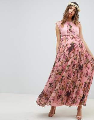 pink maxi maternity dress with sleeves