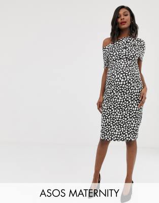 ASOS DESIGN Maternity pleated shoulder pencil dress in mono spot print-Multi