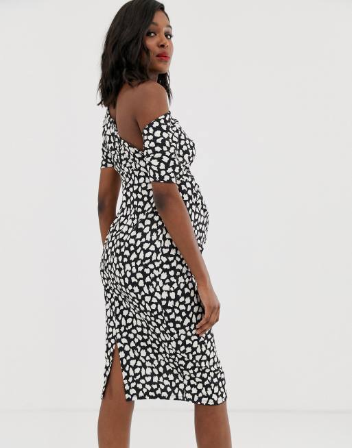 ASOS DESIGN Maternity pleated shoulder pencil dress in mono spot print