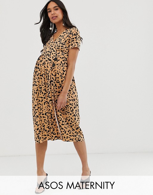 ASOS DESIGN Maternity pleated skirt midi dress with button detail in animal print