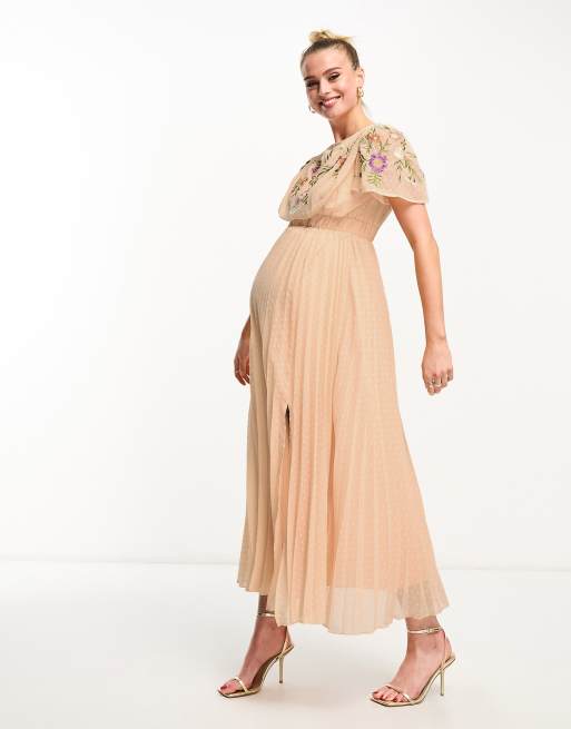 ASOS DESIGN Maternity pleated textured cowl front embroidered maxi dress  with belt in coral