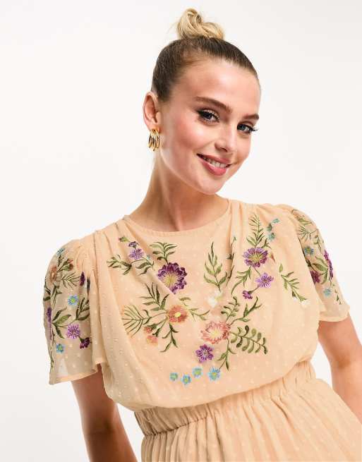 embroidered maternity maxi dress Cream Embroidered Sequin Detail Mesh Overlay Maternity Maxi Dress