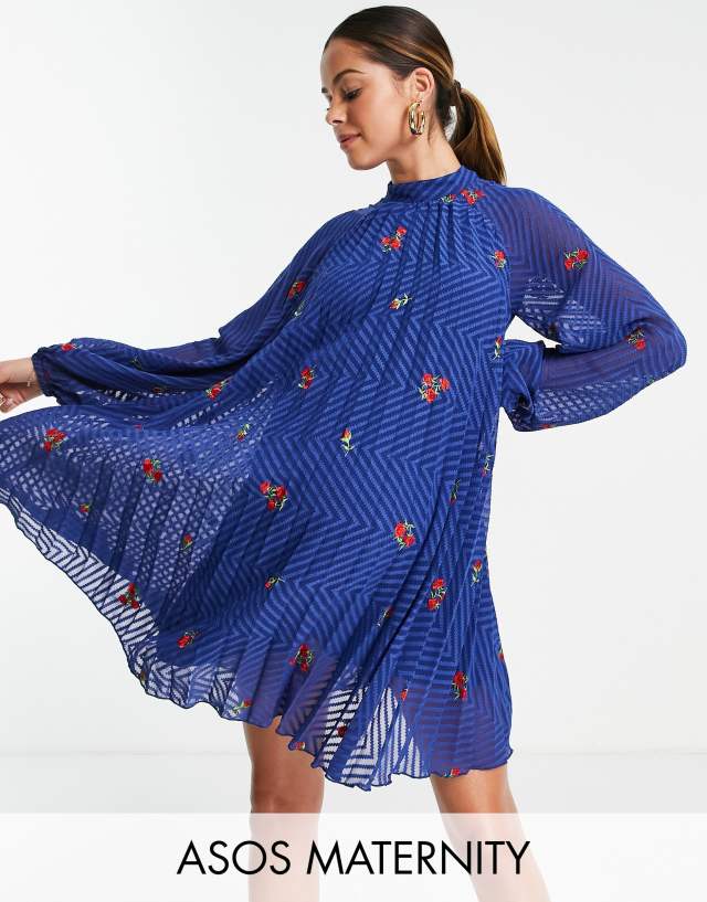 ASOS DESIGN Maternity pleated trapeze mini dress with all over embroidery in navy