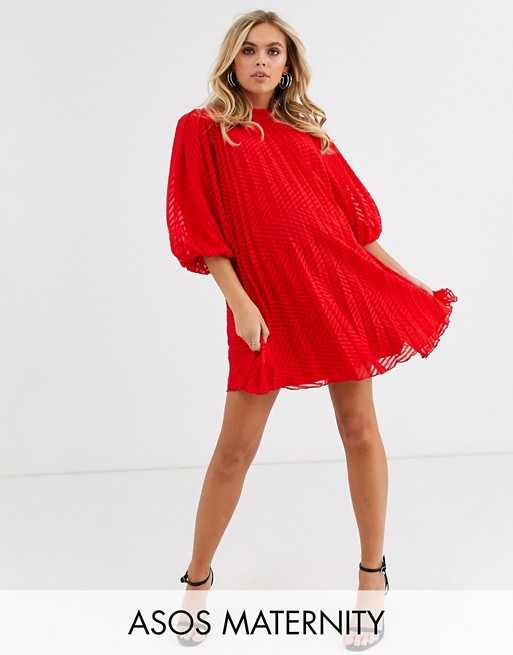 ASOS DESIGN Maternity pleated trapeze mini dress with puff sleeves in dobby