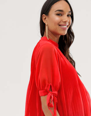 asos design pleated trapeze mini dress ASOS DESIGN Maternity pleated trapeze mini dress with tie sleeves