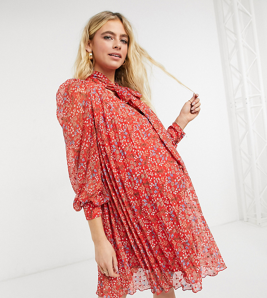ASOS DESIGN Maternity pleated trapeze textured mini dress with neck tie in red ditsy floral print
