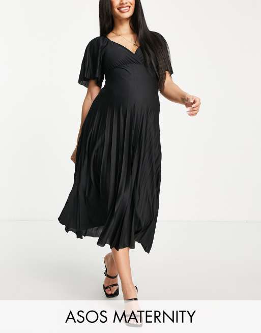 ASOS DESIGN Maternity pleated twist back cap sleeve midi dress in black ...