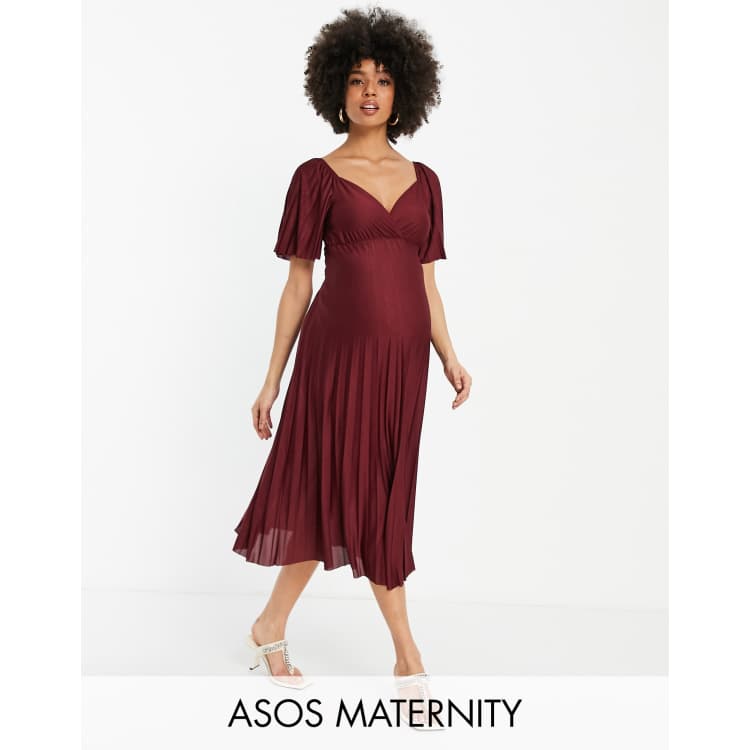 ASOS DESIGN Maternity pleated twist back cap sleeve midi dress in dark red