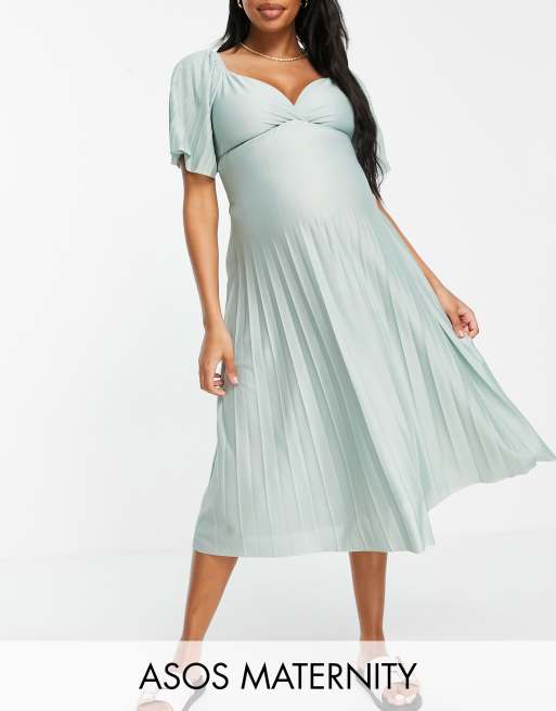 ASOS DESIGN Maternity pleated twist back cap sleeve midi dress in sage