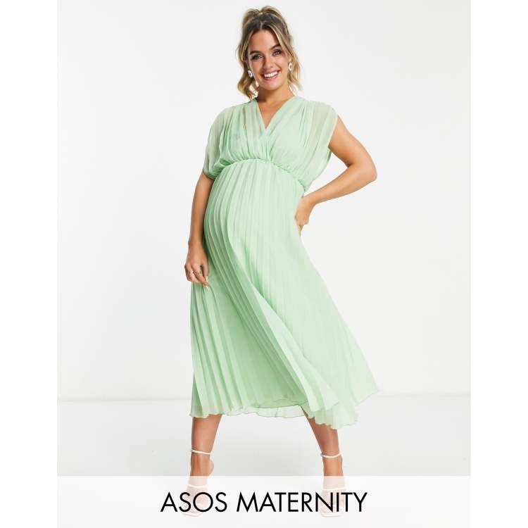 ASOS DESIGN Maternity pleated wrap front midi dress in light green | ASOS