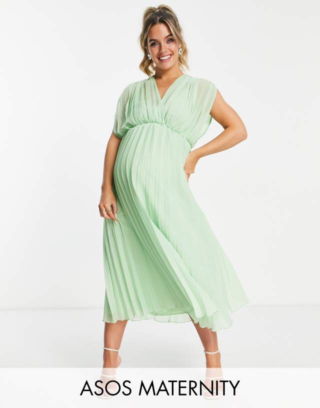 ASOS DESIGN Maternity pleated wrap front midi dress in light green