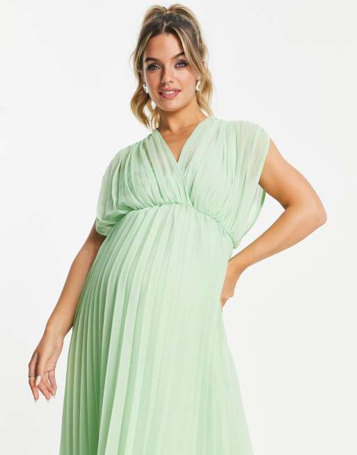 ASOS DESIGN Maternity pleated wrap front midi dress in light green