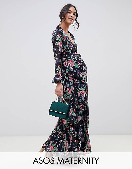 ASOS DESIGN Maternity pleated wrap maxi dress with ruffle in floral print