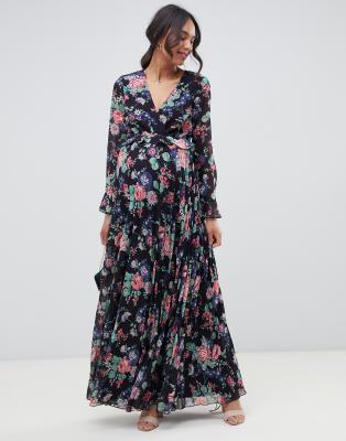 pleated wrap maxi dress