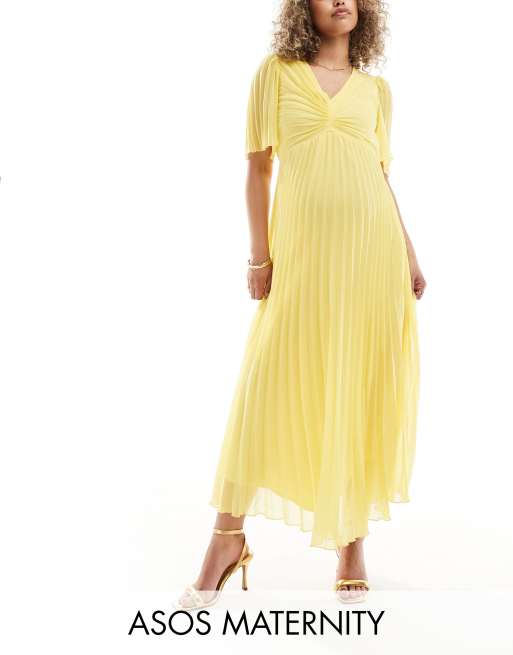 ASOS DESIGN Maternity – Plisowana żółta sukienka midi z ozdobnym dekoltem i rozkloszowanymi rękawami