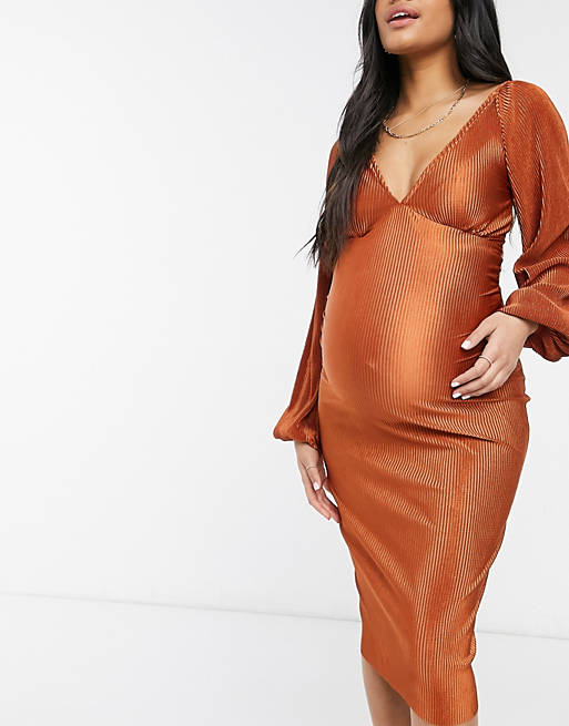 Dresses Maternity plisse balloon sleeve midi dress in rust 