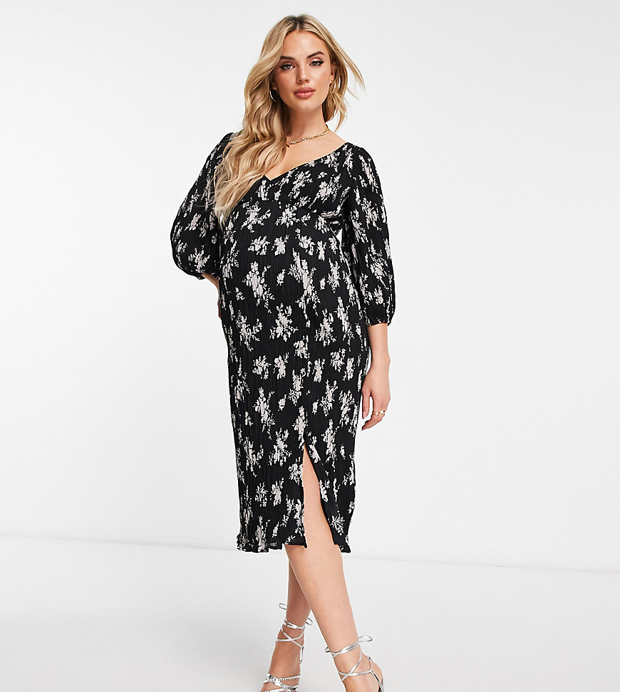 Asos Maternity Asos Design Maternity Plisse Midi Dress With Button Detail In Black Based White Floral Print-multi