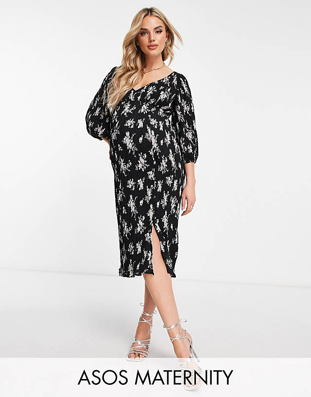 ASOS DESIGN Maternity plisse midi dress with button detail in black based white floral print