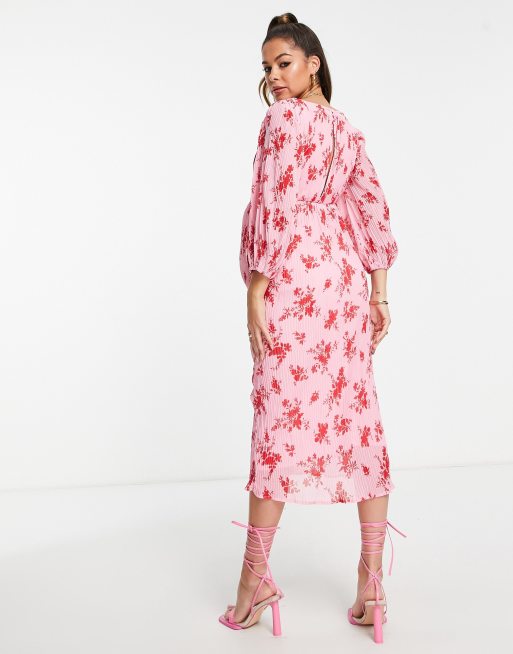 ASOS DESIGN Maternity plisse midi dress with button detail in red floral , 2 of 4