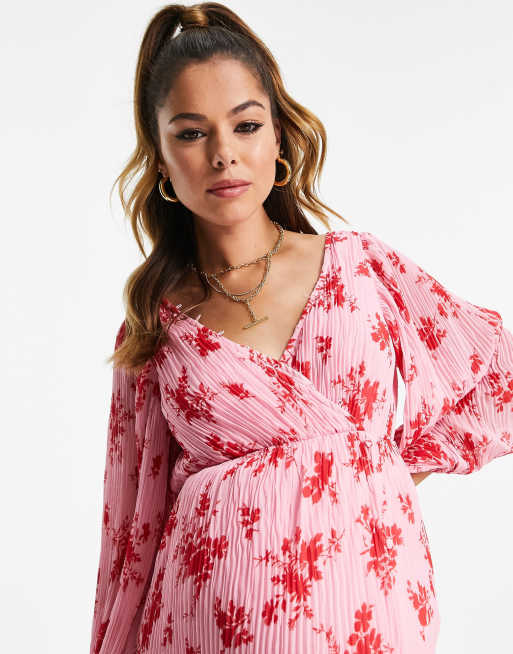 ASOS DESIGN Maternity plisse midi dress with button detail in red floral , 3 of 4