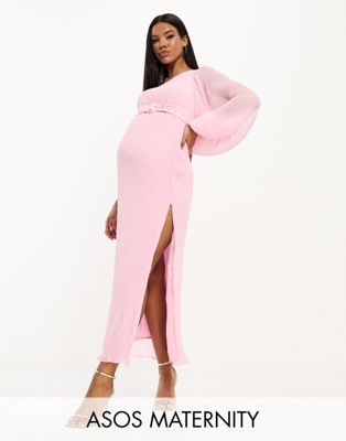 Asos Maternity Asos Design Maternity Plisse One Shoulder Midi Dress With Belt In Light Pink