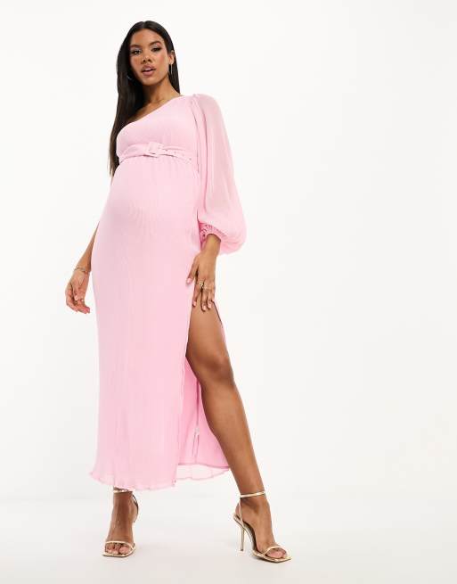 ASOS DESIGN Maternity plisse one shoulder midi dress with belt in light pink