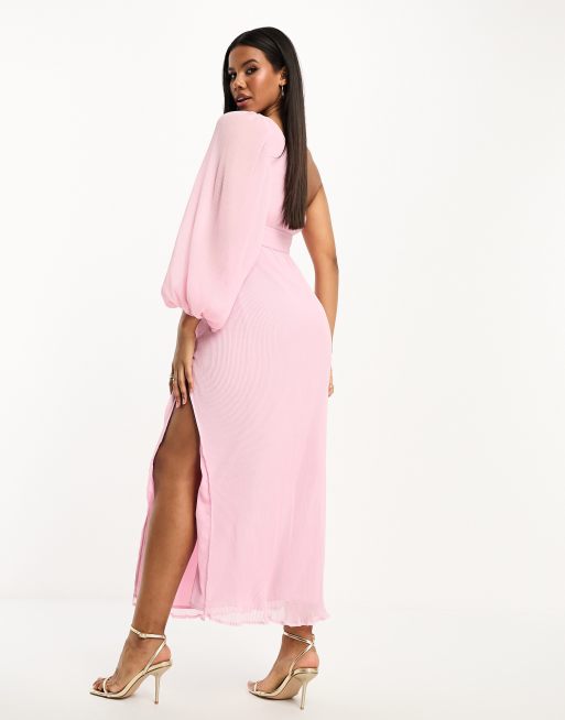 ASOS DESIGN Maternity plisse one shoulder midi dress with belt in light pink