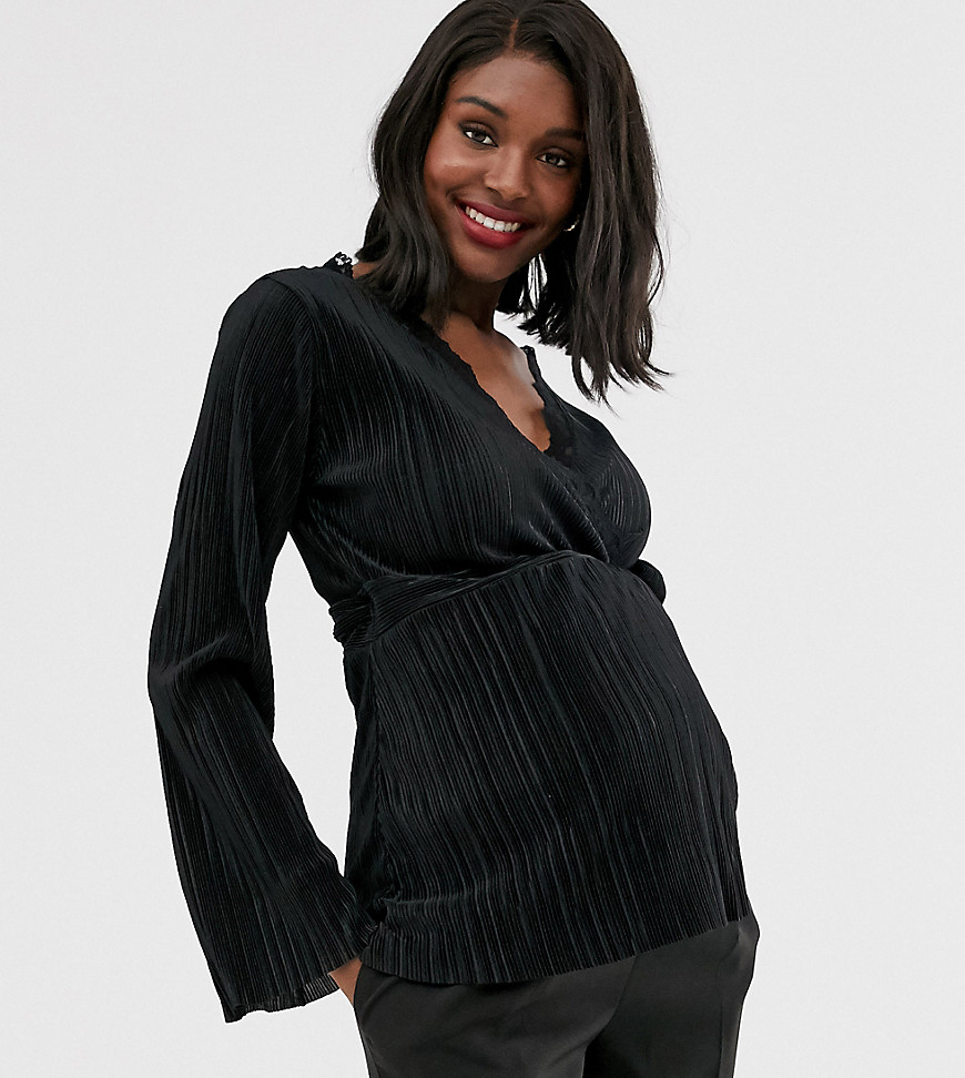 ASOS DESIGN Maternity plisse wrap top with tie side with lace trim in black