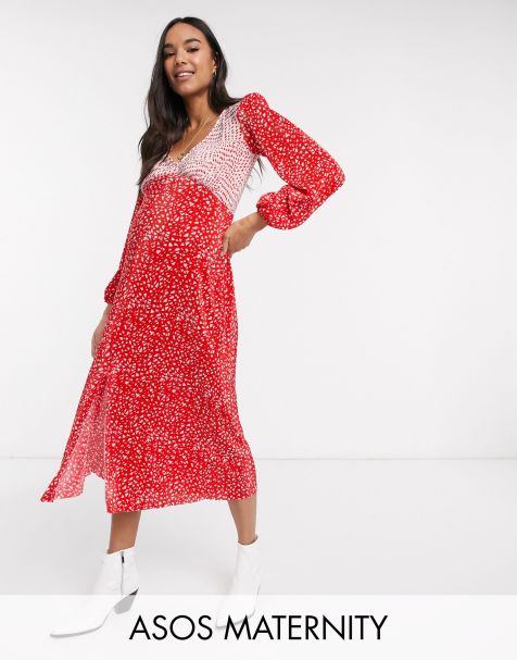 ASOS DESIGN Maternity – Plissiertes, gepunktetes Midikleid in Rot und Weiß