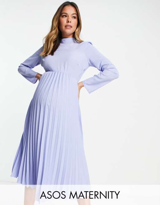 ASOS DESIGN Maternity Plissiertes hochgeschlossenes Midikleid in Kornblumenblau ASOS