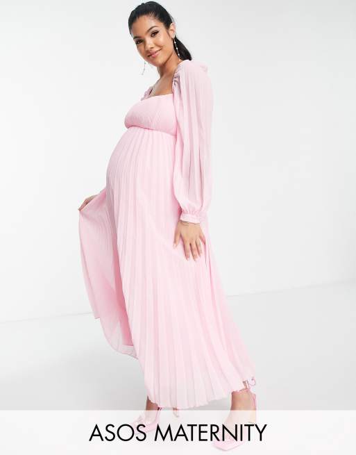 ASOS DESIGN Maternity Plissiertes Midi Skater Kleid in Zartrosa mit eckigem Ausschnitt