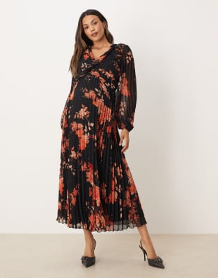 ASOS DESIGN Maternity - Plissiertes Midi-Wickelkleid in Schwarz mit Blumenmuster, Umstandsmode-Bunt