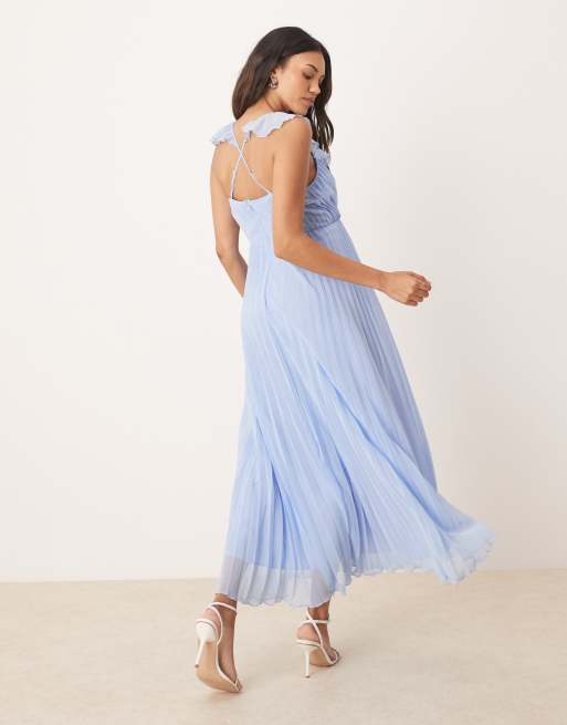 ASOS DESIGN Maternity – Plissiertes Midikleid in Babyblau mit Rüschen und Wickeldesign, 2 von 4