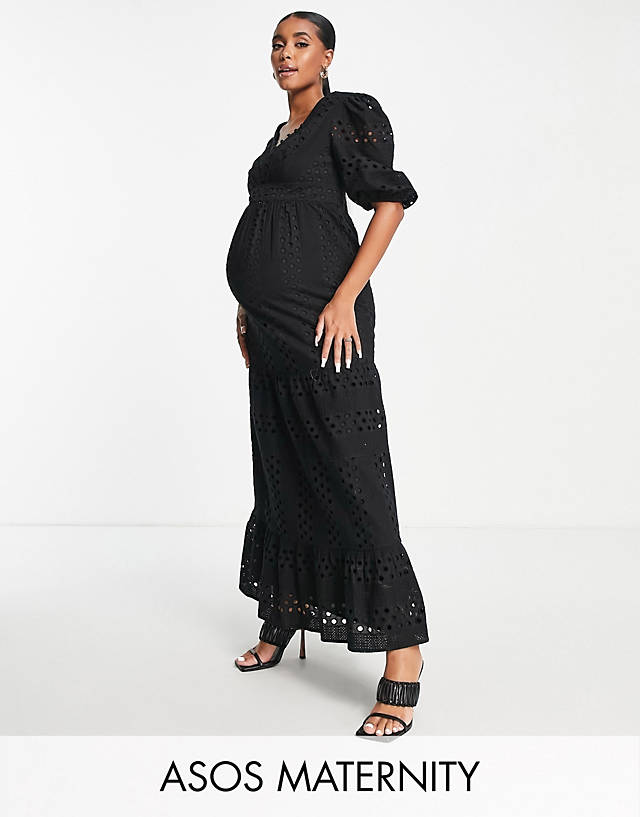 ASOS Maternity - ASOS DESIGN Maternity plunge broderie tiered midi dress with button neck in black