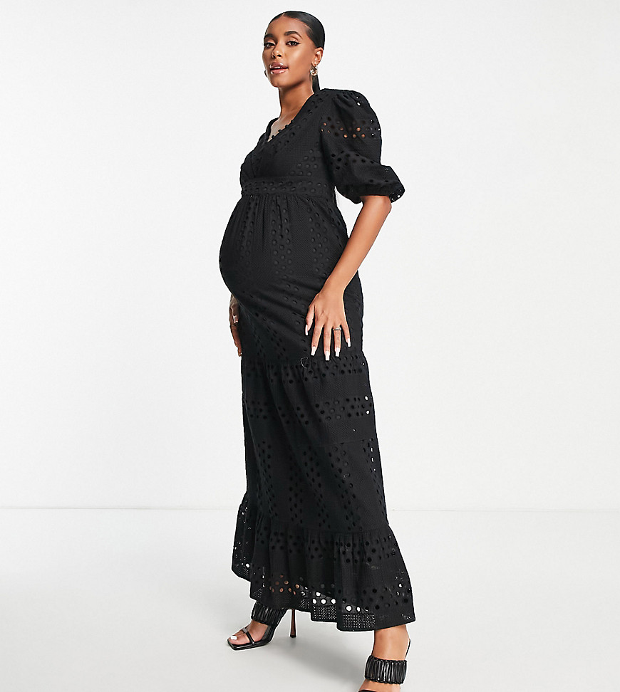 ASOS DESIGN Maternity plunge eyelet tiered midi dress with button neck in black