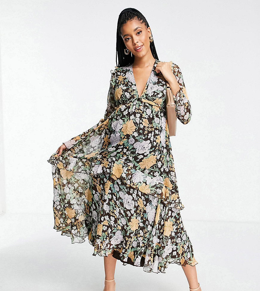 ASOS DESIGN Maternity plunge front ruffle printed floral midi dress with lattice tie back detail-Multi