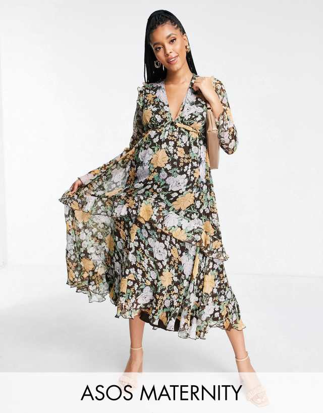 ASOS DESIGN Maternity plunge front ruffle printed floral midi dress with lattice tie back detail